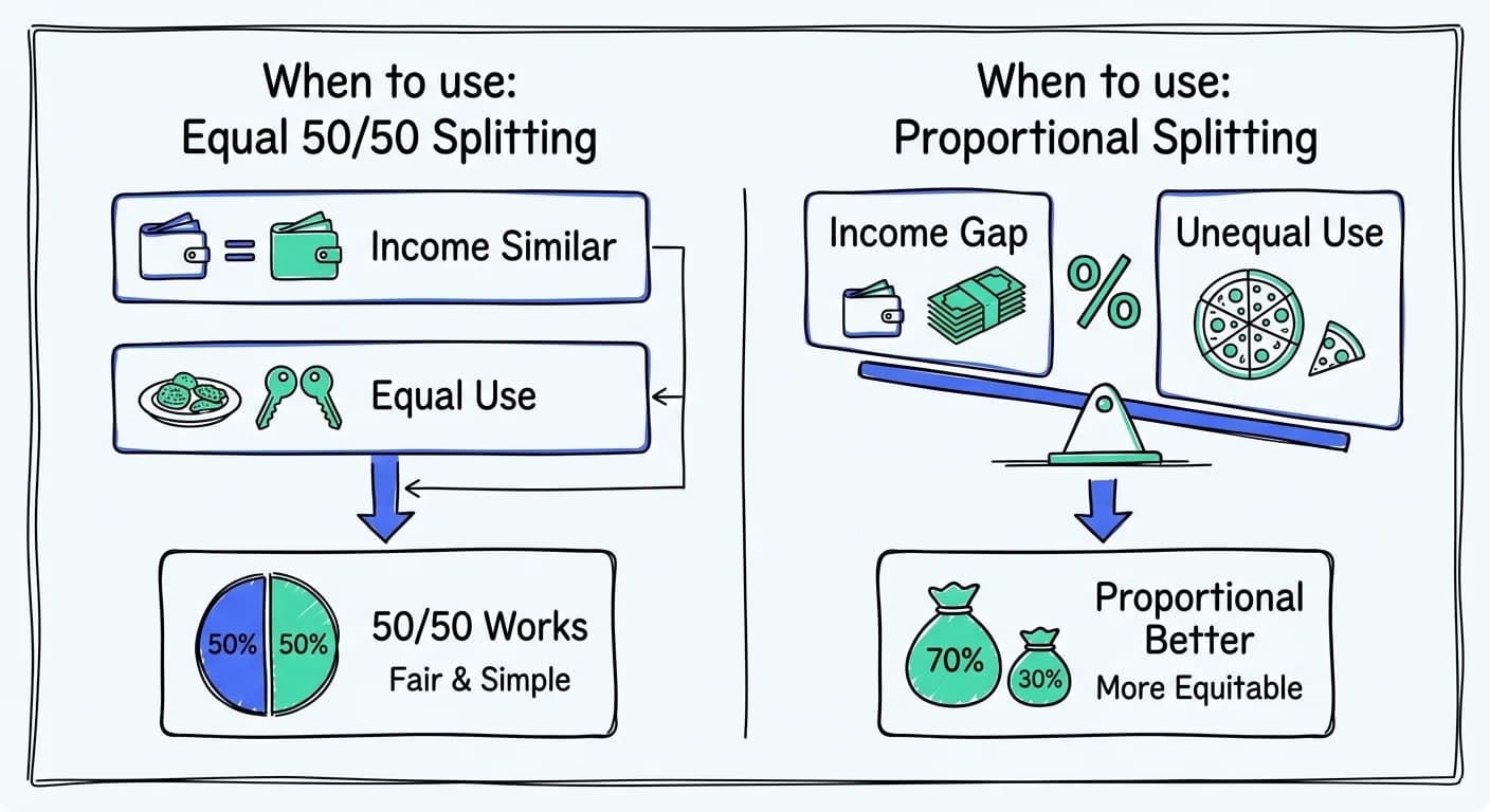 Concept diagram showing when 50/50 splitting works vs when proportional splitting is better