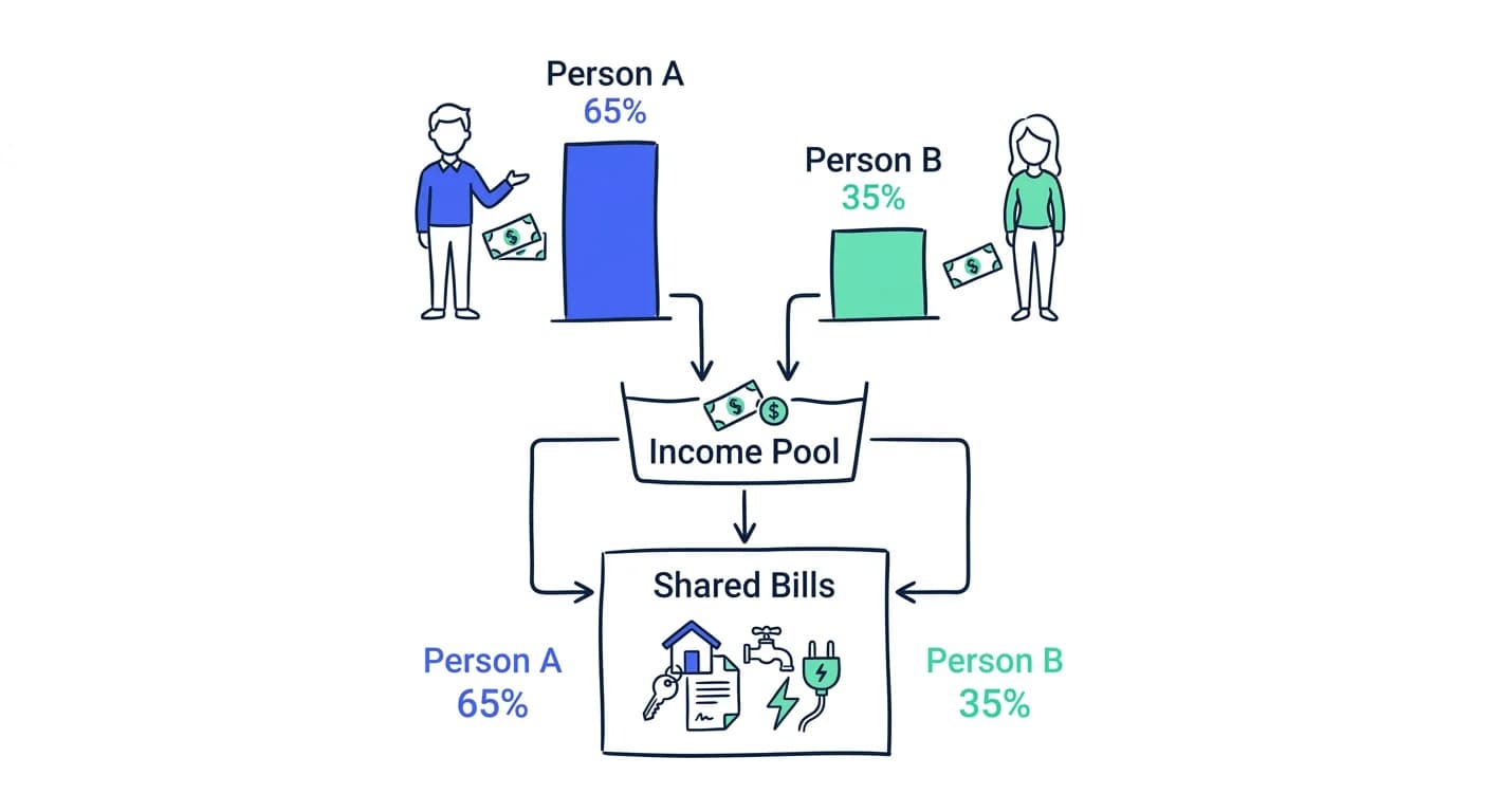 Diagram showing income-based bill splitting formula with two people and proportional shares