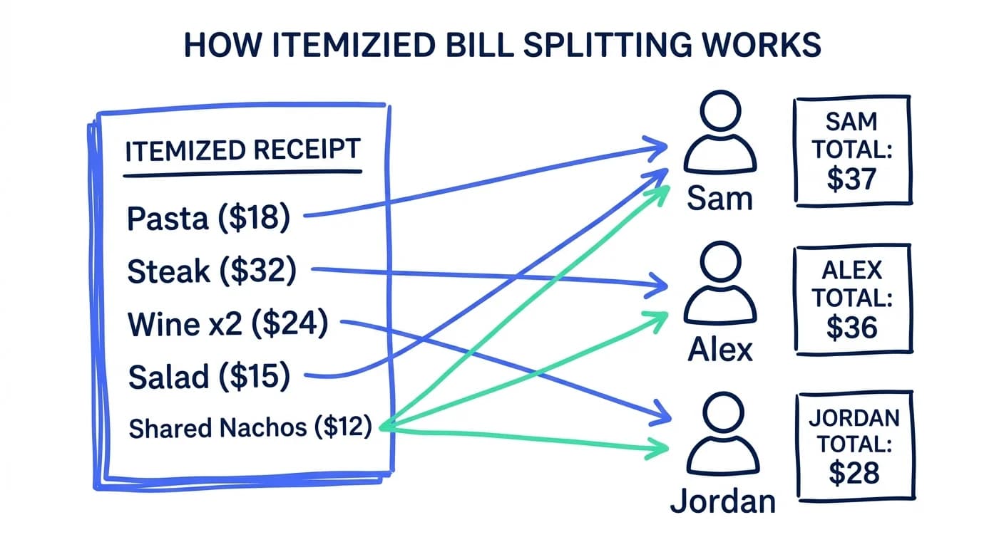 Diagram showing how a group dinner bill gets broken into individual line items and assigned to each person
